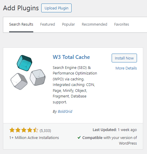 install w3 total cache plugin